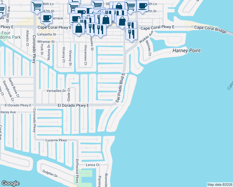 map of restaurants, bars, coffee shops, grocery stores, and more near 1447 Windsor Court in Cape Coral