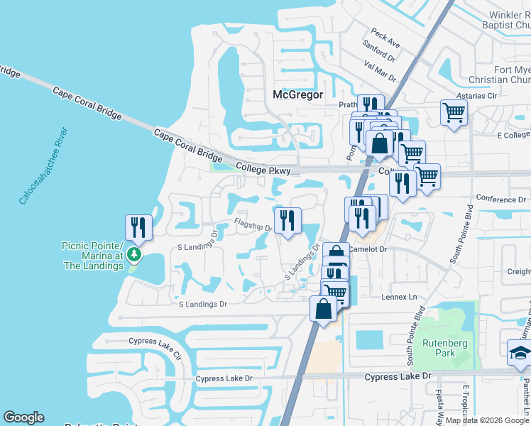 map of restaurants, bars, coffee shops, grocery stores, and more near 4608 Flagship Drive in Fort Myers