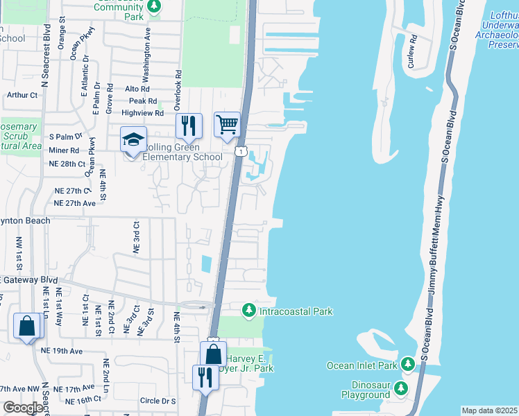 map of restaurants, bars, coffee shops, grocery stores, and more near 30 S Lakeshore Dr in Hypoluxo