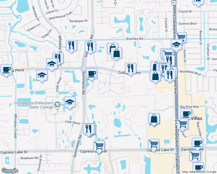 map of restaurants, bars, coffee shops, grocery stores, and more near 3329 New South Province Boulevard in Fort Myers