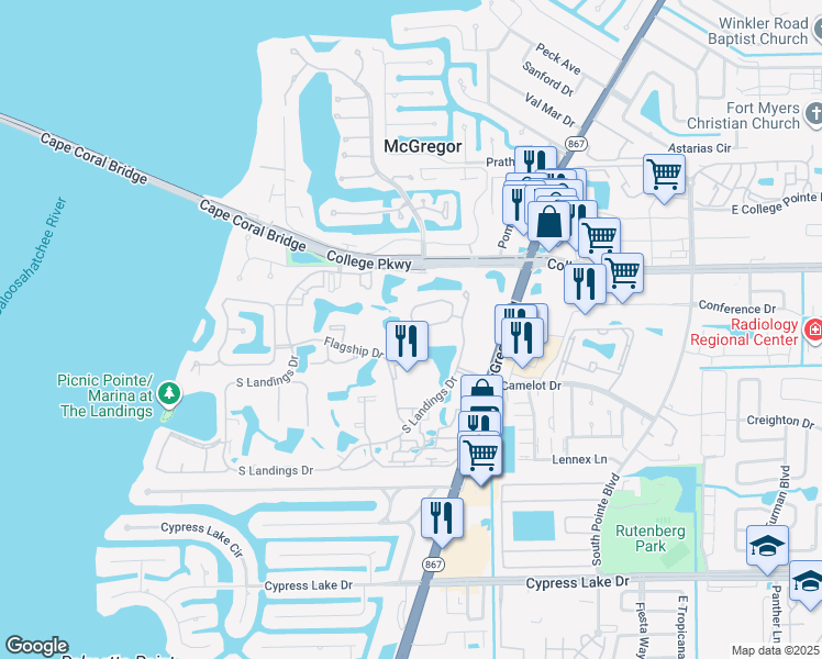 map of restaurants, bars, coffee shops, grocery stores, and more near 9540 Mariners Cove Lane in Fort Myers