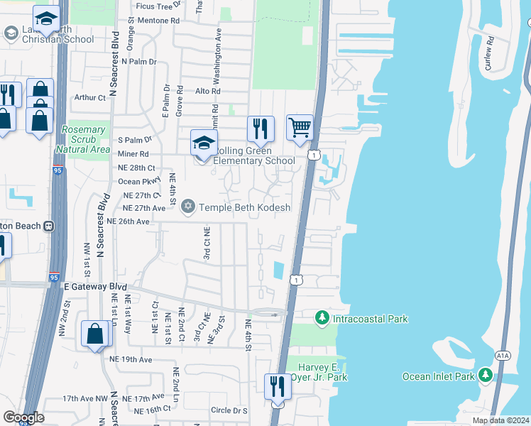 map of restaurants, bars, coffee shops, grocery stores, and more near 424 Waterside Drive in Hypoluxo