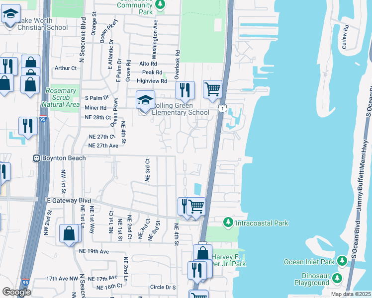 map of restaurants, bars, coffee shops, grocery stores, and more near 424 Waterside Drive in Hypoluxo