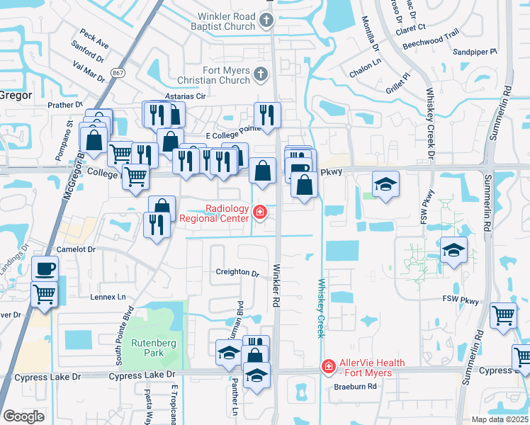 map of restaurants, bars, coffee shops, grocery stores, and more near in Fort Myers
