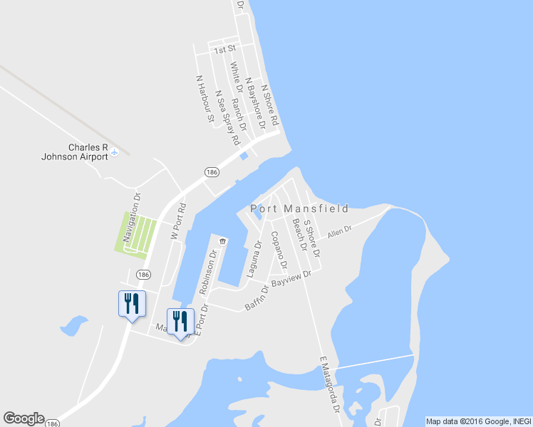 map of restaurants, bars, coffee shops, grocery stores, and more near 530 Laguna Drive in Port Mansfield