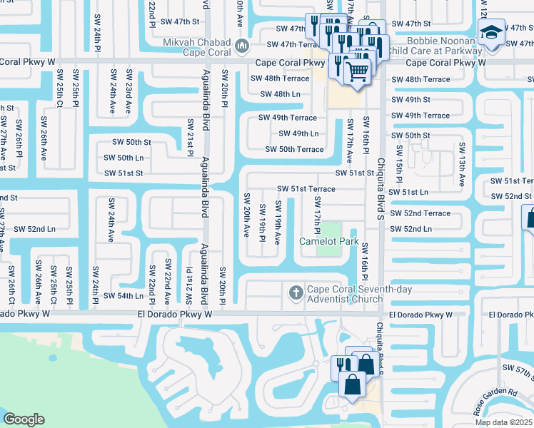 map of restaurants, bars, coffee shops, grocery stores, and more near 5221 Southwest 19th Place in Cape Coral