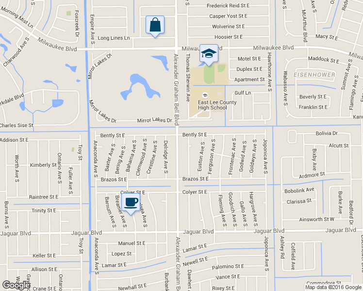 map of restaurants, bars, coffee shops, grocery stores, and more near 767 Bell Boulevard in Lehigh Acres
