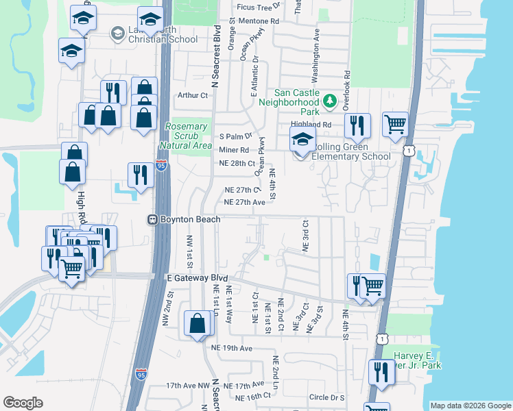 map of restaurants, bars, coffee shops, grocery stores, and more near 400 Northeast 27th Avenue in Boynton Beach