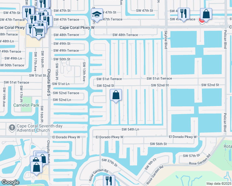 map of restaurants, bars, coffee shops, grocery stores, and more near 5215 Southwest 11th Place in Cape Coral