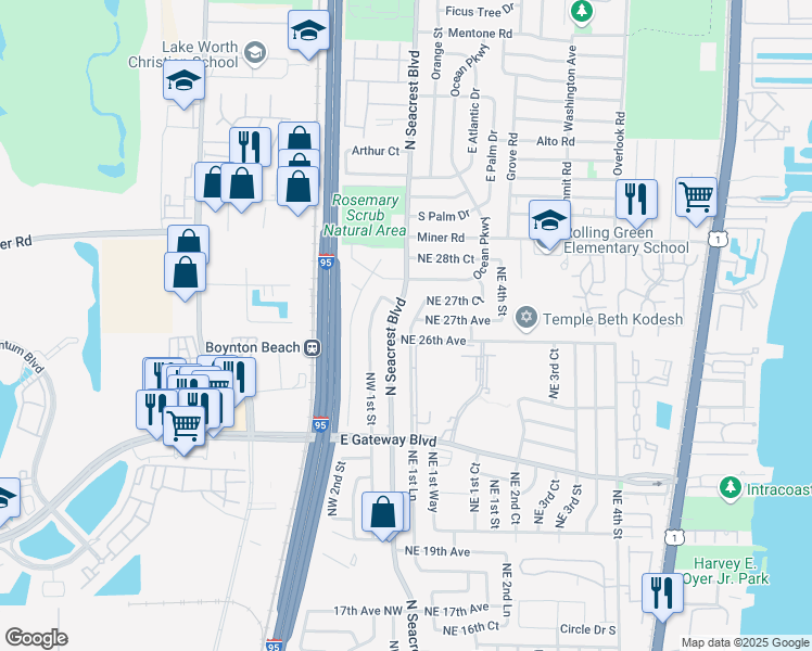 map of restaurants, bars, coffee shops, grocery stores, and more near 2671 Northeast 1st Street in Boynton Beach