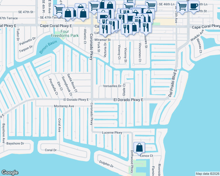 map of restaurants, bars, coffee shops, grocery stores, and more near 5204 Wilmington Court in Cape Coral
