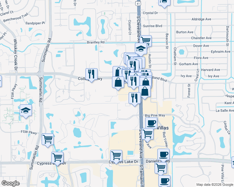 map of restaurants, bars, coffee shops, grocery stores, and more near Kenwood Lane in Fort Myers