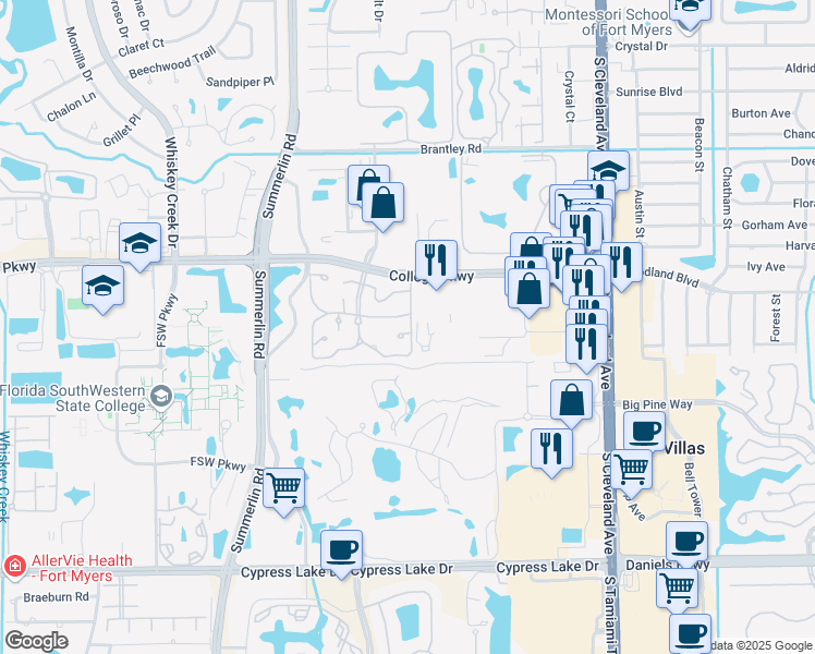 map of restaurants, bars, coffee shops, grocery stores, and more near 7401 College Parkway in Fort Myers