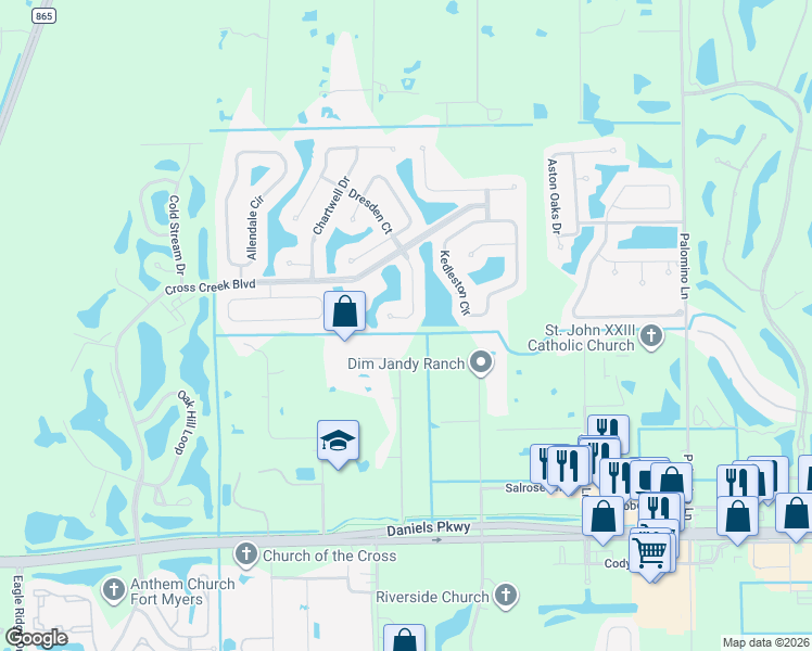 map of restaurants, bars, coffee shops, grocery stores, and more near 12941 Dresden Court in Fort Myers