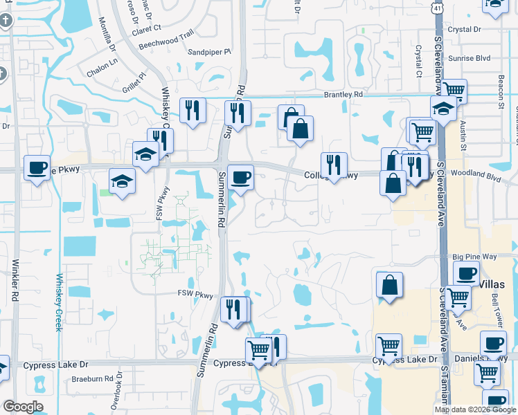 map of restaurants, bars, coffee shops, grocery stores, and more near 3369 Yukon Circle in Fort Myers