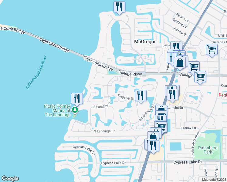 map of restaurants, bars, coffee shops, grocery stores, and more near 12744 Yacht Club Circle in Fort Myers