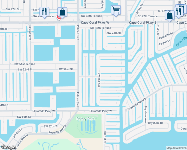 map of restaurants, bars, coffee shops, grocery stores, and more near 5219 Southwest 2nd Place in Cape Coral