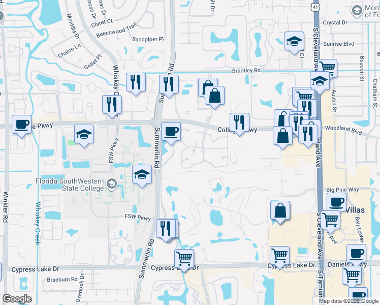 map of restaurants, bars, coffee shops, grocery stores, and more near 3329 New South Province Boulevard in Fort Myers