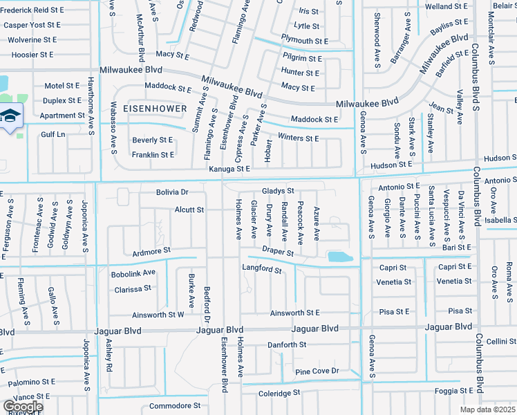map of restaurants, bars, coffee shops, grocery stores, and more near 711 Glacier Avenue in Lehigh Acres