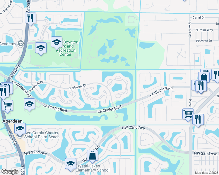 map of restaurants, bars, coffee shops, grocery stores, and more near 5513 Parkwalk Circle East in Boynton Beach