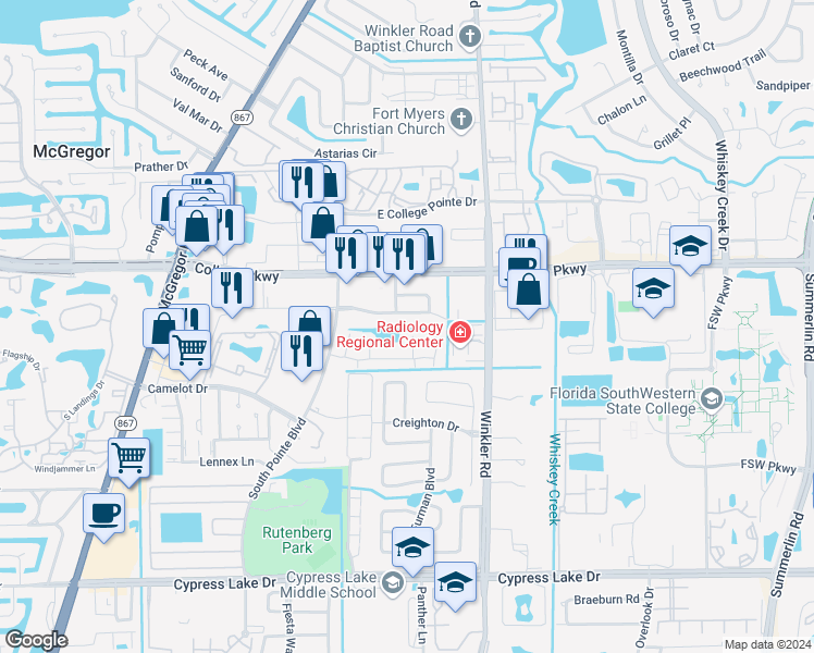 map of restaurants, bars, coffee shops, grocery stores, and more near 12920 Meadowood Court in Fort Myers