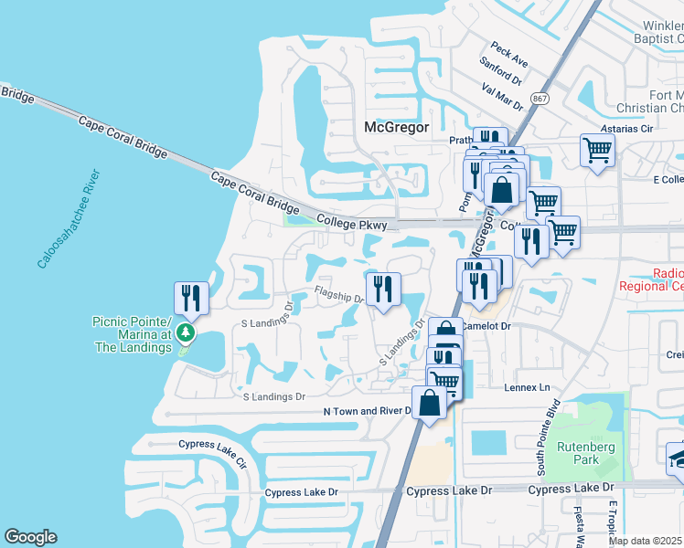 map of restaurants, bars, coffee shops, grocery stores, and more near 4608 Flagship Drive in Fort Myers