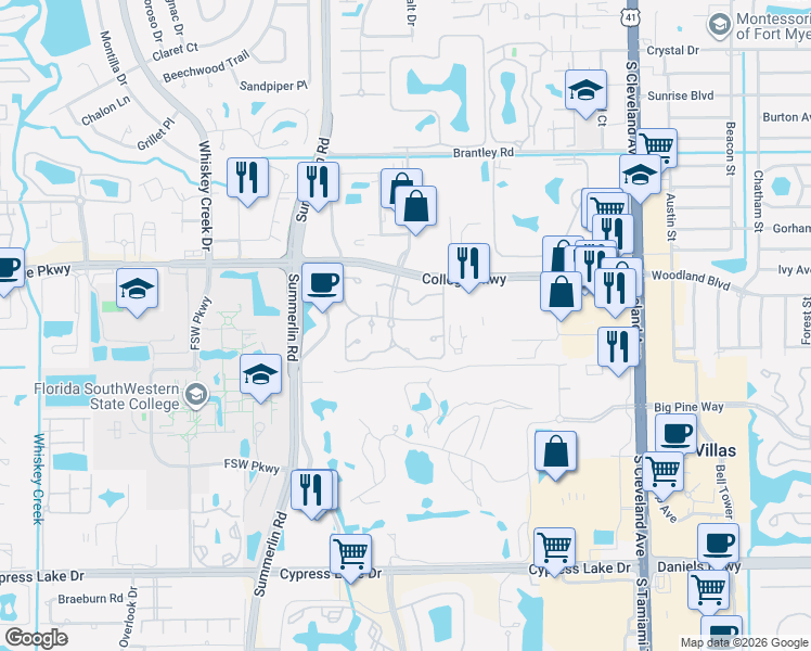 map of restaurants, bars, coffee shops, grocery stores, and more near 3292 Royal Canadian Trace in Fort Myers