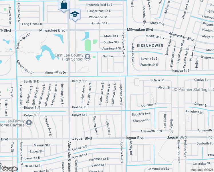 map of restaurants, bars, coffee shops, grocery stores, and more near 711 Godwid Avenue South in Lehigh Acres