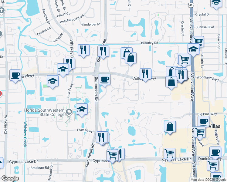 map of restaurants, bars, coffee shops, grocery stores, and more near 3369 Yukon Circle in Fort Myers