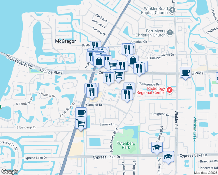 map of restaurants, bars, coffee shops, grocery stores, and more near 9131 College Parkway in Fort Myers