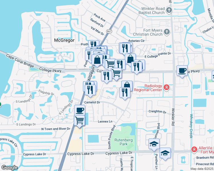 map of restaurants, bars, coffee shops, grocery stores, and more near 9131 College Parkway in Fort Myers