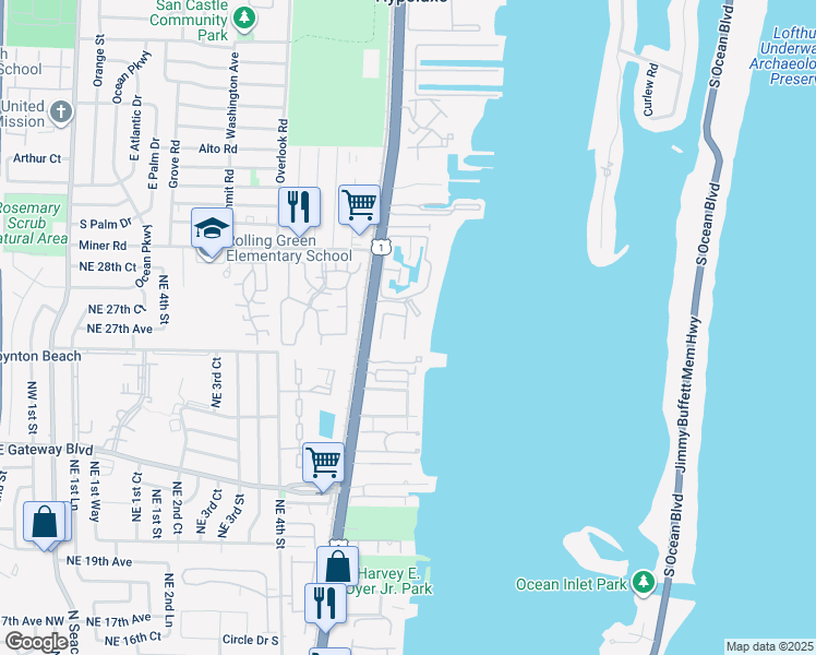 map of restaurants, bars, coffee shops, grocery stores, and more near 30 South Lakeshore Drive in Hypoluxo