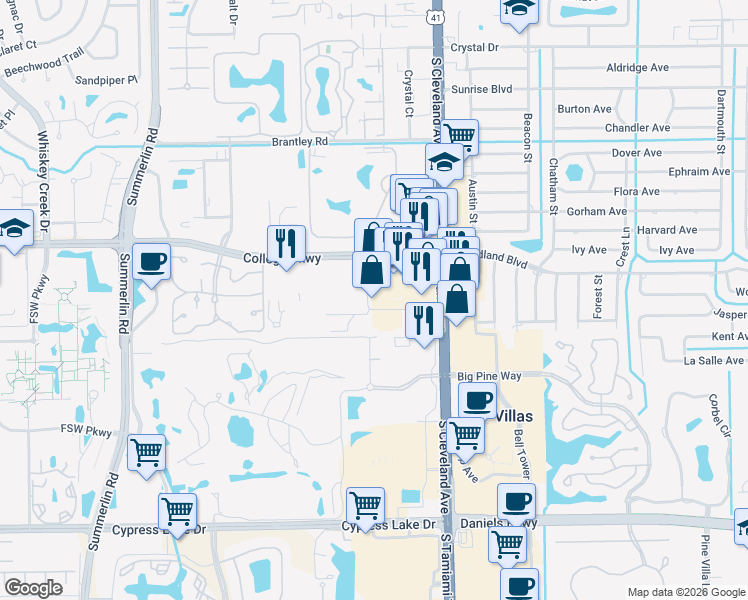 map of restaurants, bars, coffee shops, grocery stores, and more near 12795 Kenwood Lane in Fort Myers