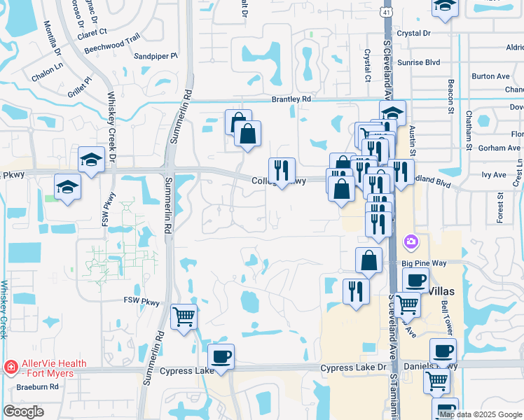 map of restaurants, bars, coffee shops, grocery stores, and more near 7401 College Parkway in Fort Myers