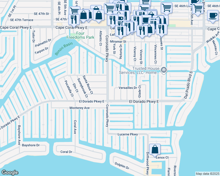 map of restaurants, bars, coffee shops, grocery stores, and more near 5206 York Court in Cape Coral