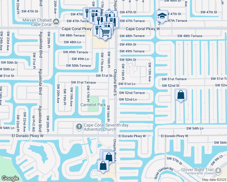 map of restaurants, bars, coffee shops, grocery stores, and more near 1538 Southwest 52nd Terrace in Cape Coral