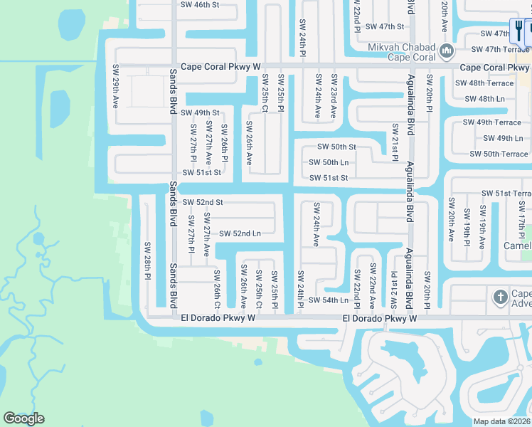 map of restaurants, bars, coffee shops, grocery stores, and more near 2505 Southwest 52nd Terrace in Cape Coral