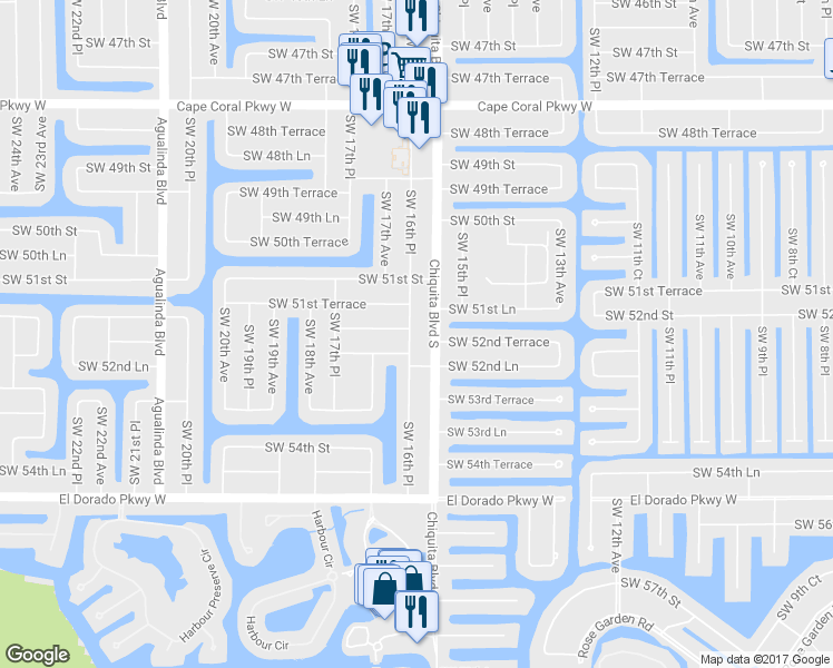 map of restaurants, bars, coffee shops, grocery stores, and more near 1617 Southwest 52nd Terrace in Cape Coral