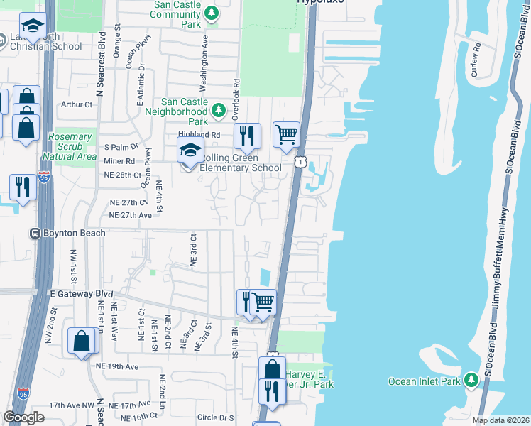 map of restaurants, bars, coffee shops, grocery stores, and more near 337 Waterside Drive in Hypoluxo