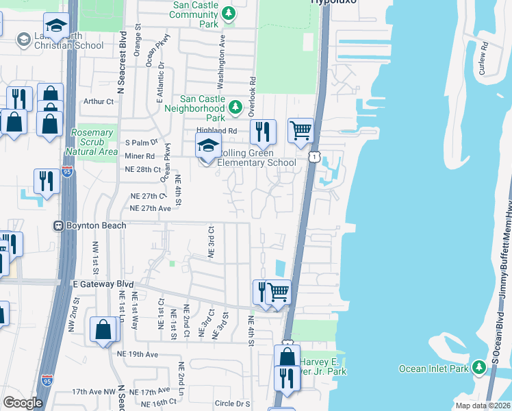 map of restaurants, bars, coffee shops, grocery stores, and more near 424 Waterside Drive in Hypoluxo