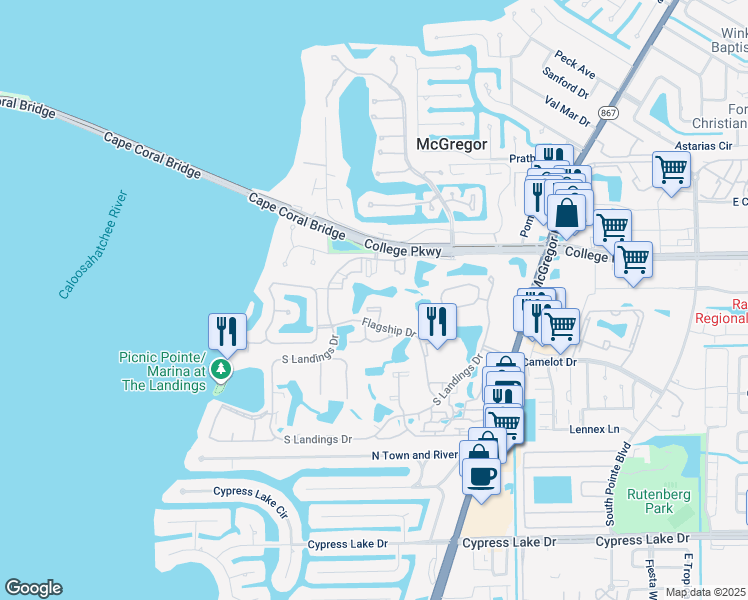 map of restaurants, bars, coffee shops, grocery stores, and more near C Sunset Place in Fort Myers