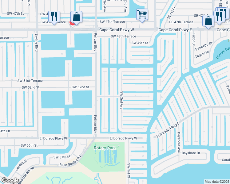 map of restaurants, bars, coffee shops, grocery stores, and more near 5219 Southwest 2nd Place in Cape Coral