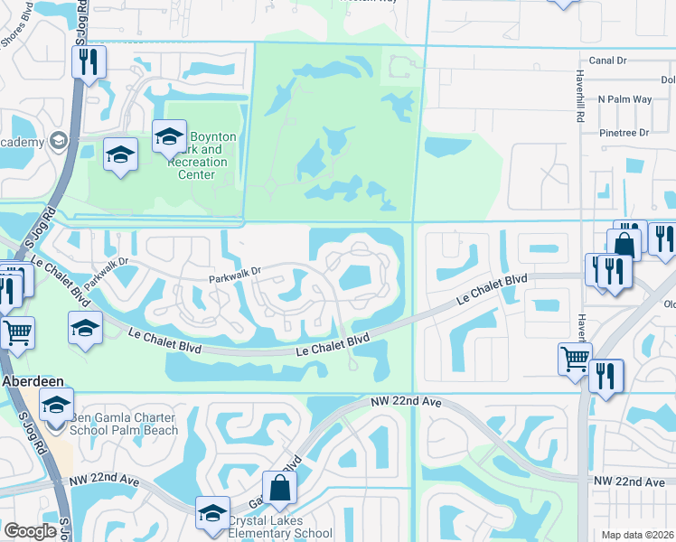map of restaurants, bars, coffee shops, grocery stores, and more near 5513 Parkwalk Circle East in Boynton Beach