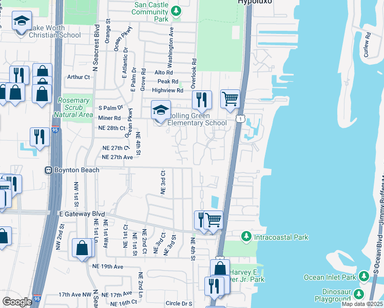 map of restaurants, bars, coffee shops, grocery stores, and more near 424 Waterside Drive in Hypoluxo