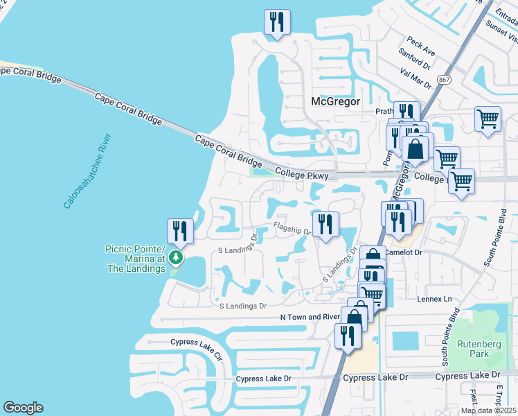 map of restaurants, bars, coffee shops, grocery stores, and more near 12744 Yacht Club Circle in Fort Myers