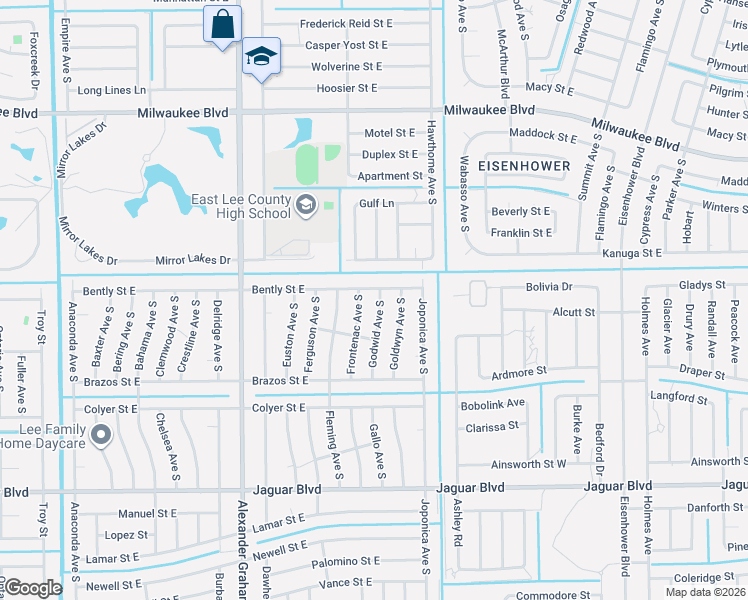 map of restaurants, bars, coffee shops, grocery stores, and more near 711 Godwid Avenue South in Lehigh Acres