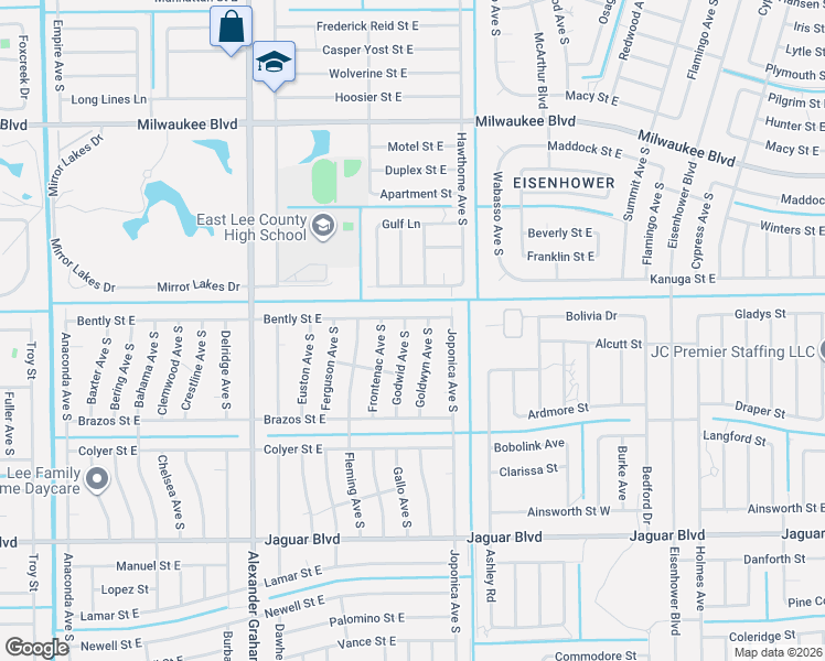 map of restaurants, bars, coffee shops, grocery stores, and more near 711 Godwid Avenue South in Lehigh Acres