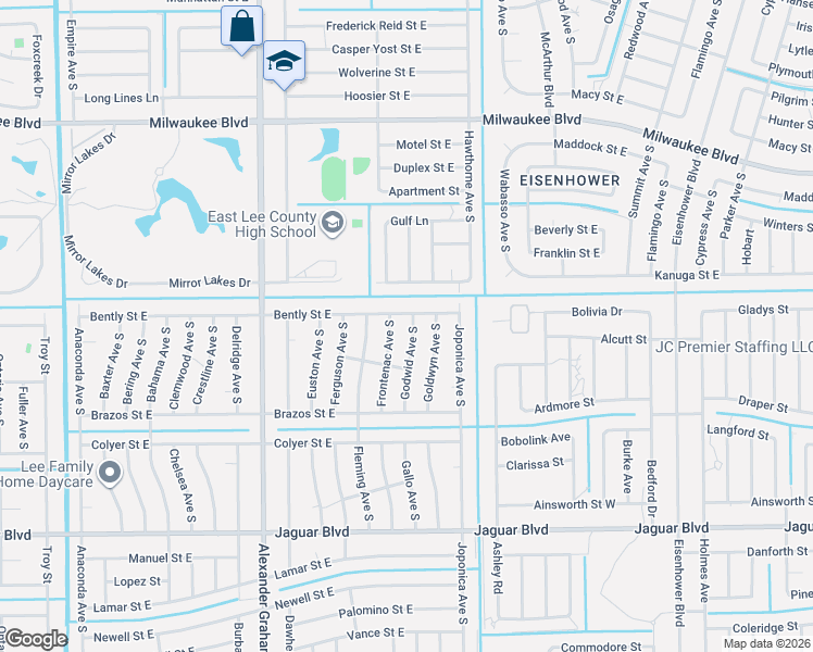 map of restaurants, bars, coffee shops, grocery stores, and more near 711 Godwid Avenue South in Lehigh Acres