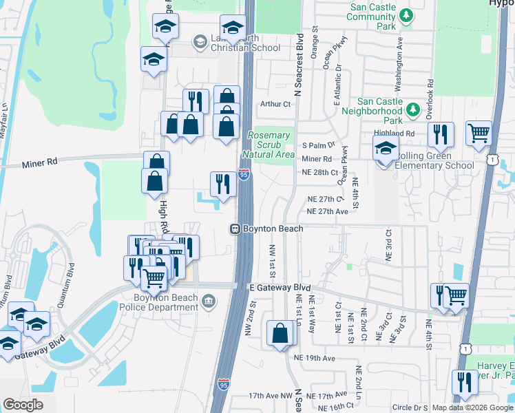 map of restaurants, bars, coffee shops, grocery stores, and more near 2681 Northwest 2nd Street in Boynton Beach