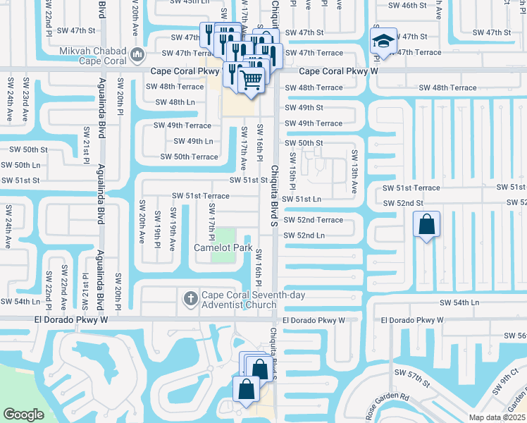 map of restaurants, bars, coffee shops, grocery stores, and more near 1617 Southwest 52nd Terrace in Cape Coral